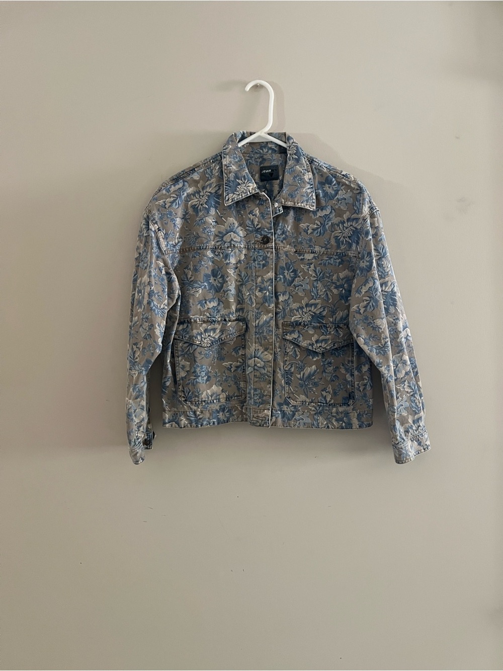 Vintage Size Petite Small Liz Wear Blue Beige Floral Jean Jacket Cottagecore